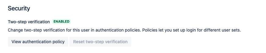 Atlassian account profile showing that two-step verification is enabled on the end user's Atlassian account