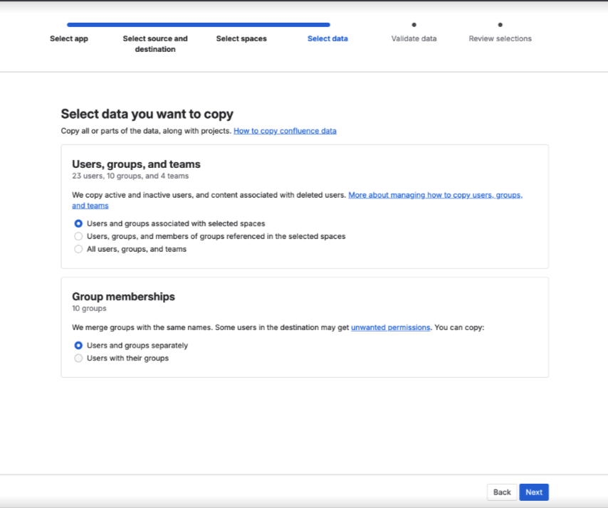 Selecting Confluence users, groups, and teams in a Confluence migration.