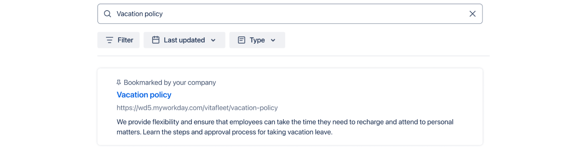 Screenshot of a bookmark showing up as user searches for 'vacation policy'