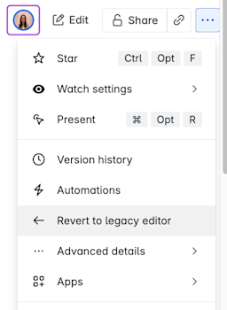 The more actions menu with Revert to legacy editor highlighted