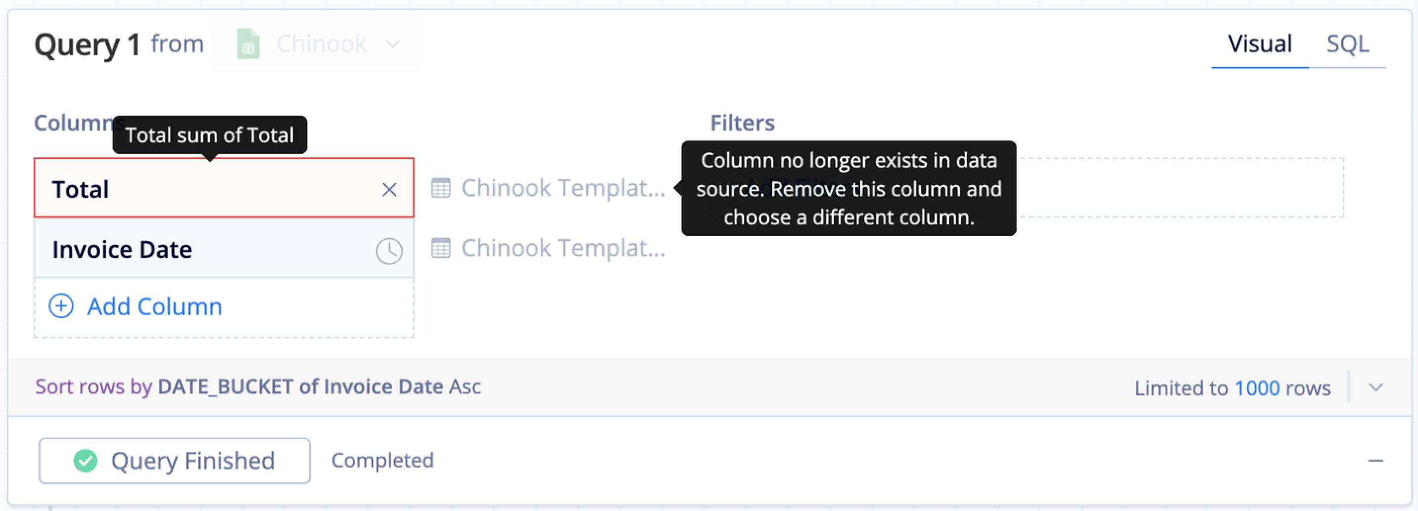 Detected that Total column is missing in the schema, giving an error in the visual mode query.