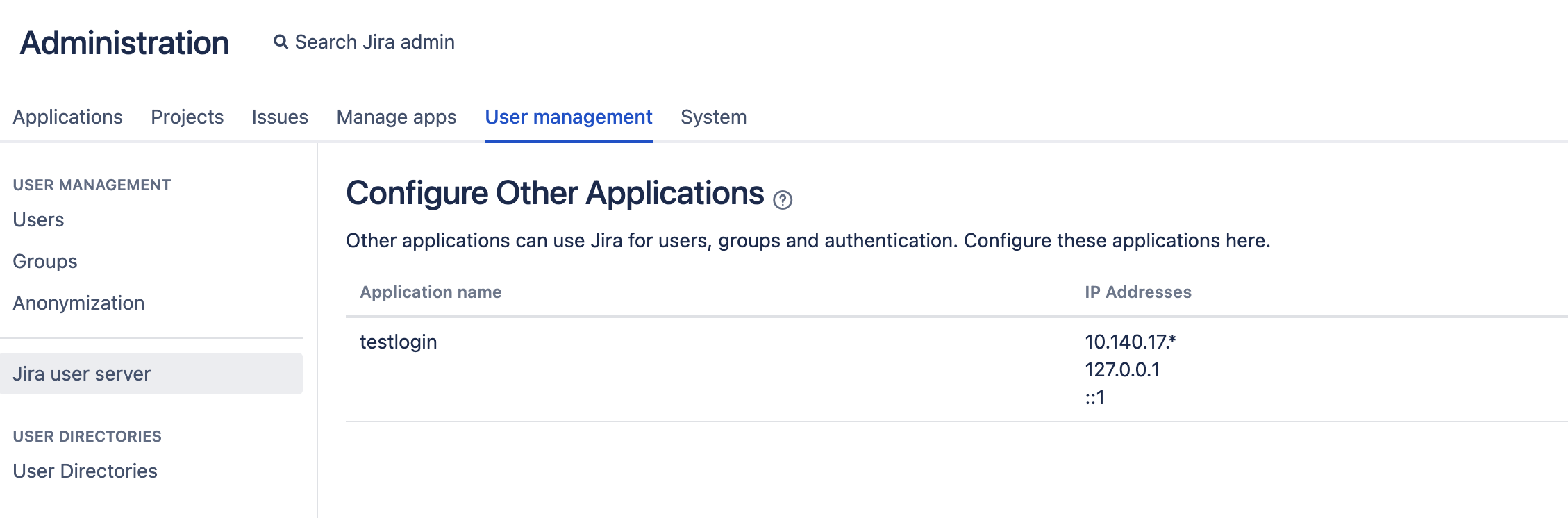 The Jira user server page allows you to pass IP addresses with an asterisk as wildcards