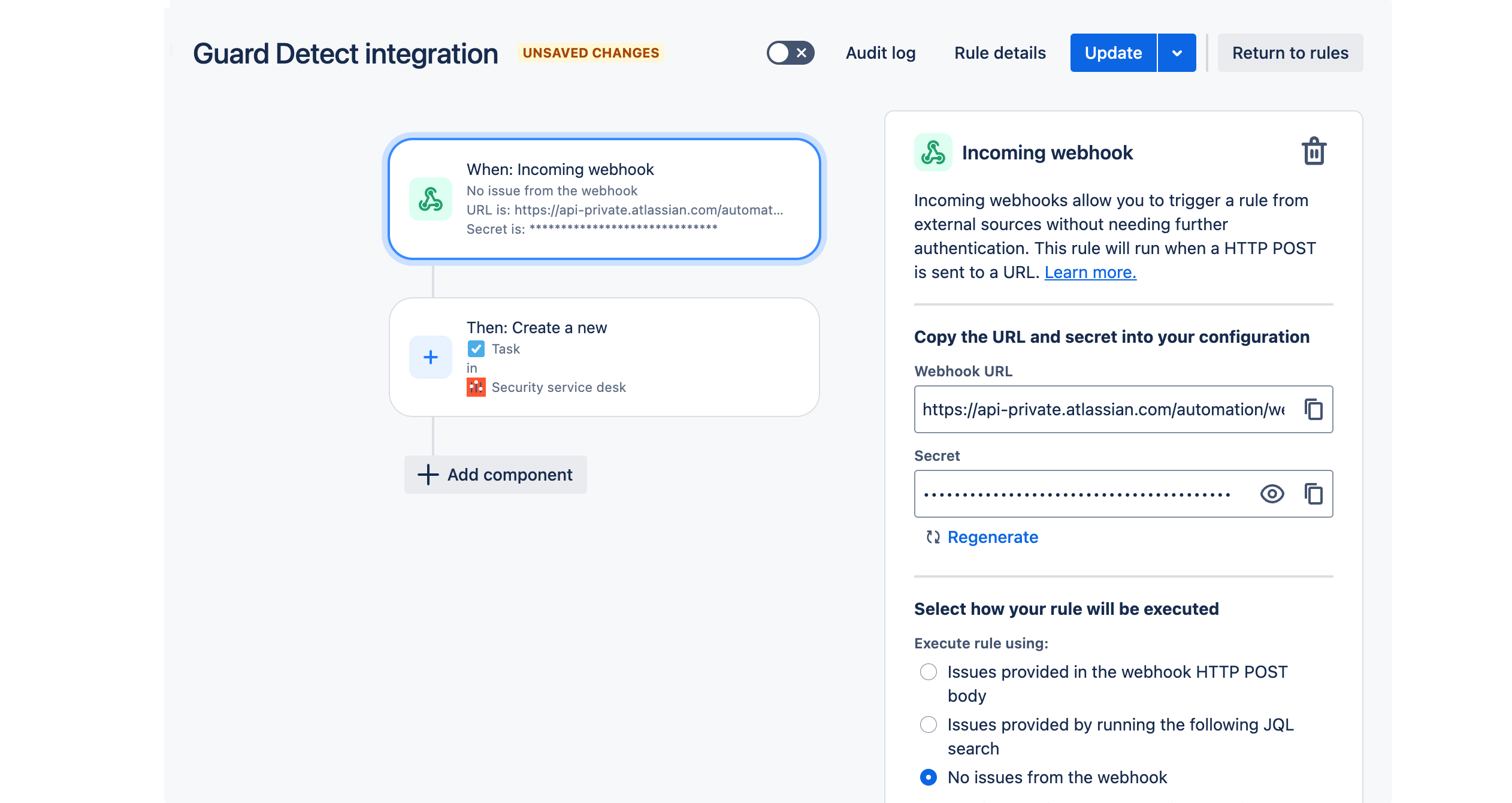 Jira automation showing incoming webhook