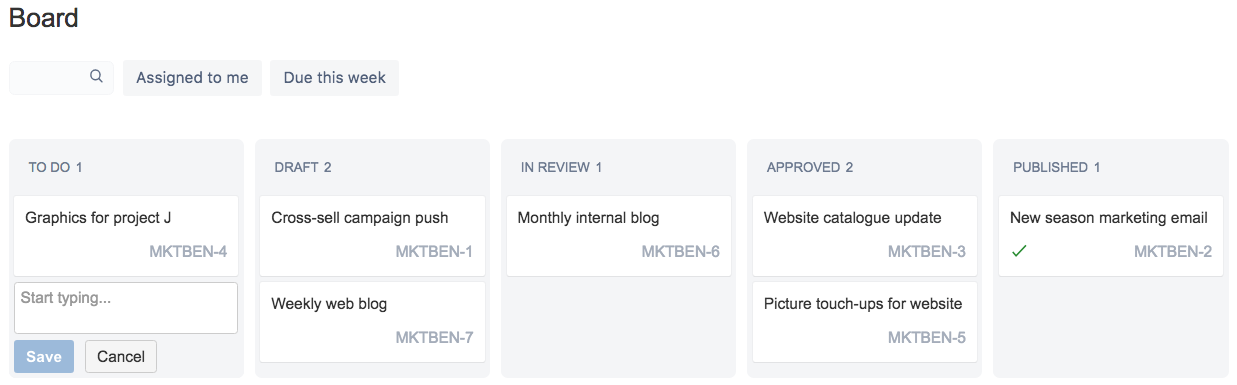 Board with issues for marketing posts at various stages of the publishing workflow.