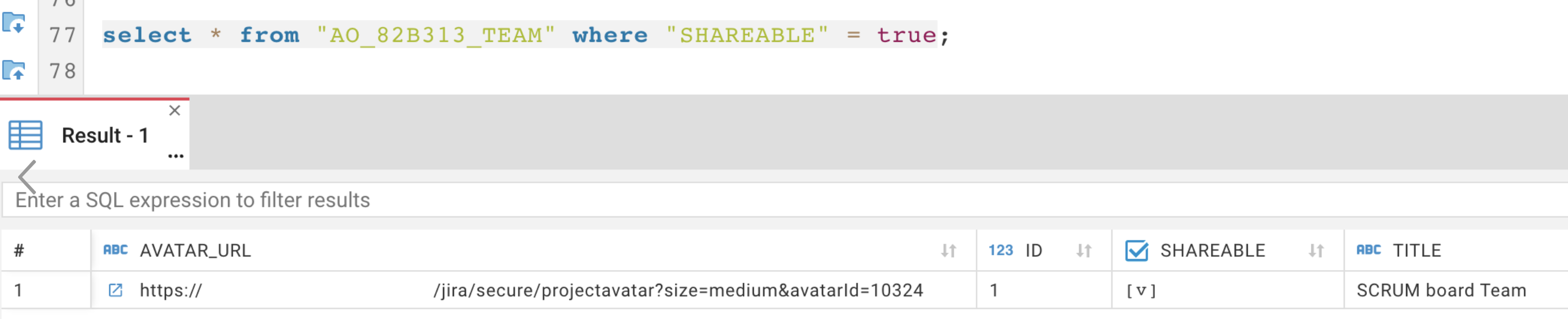 Output of sql command fetching list of teams where shareable = true