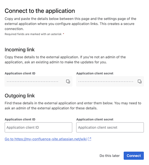 Connection screen for setting up an applications incoming and outgoing link prior to connecting with OAuth 2.0