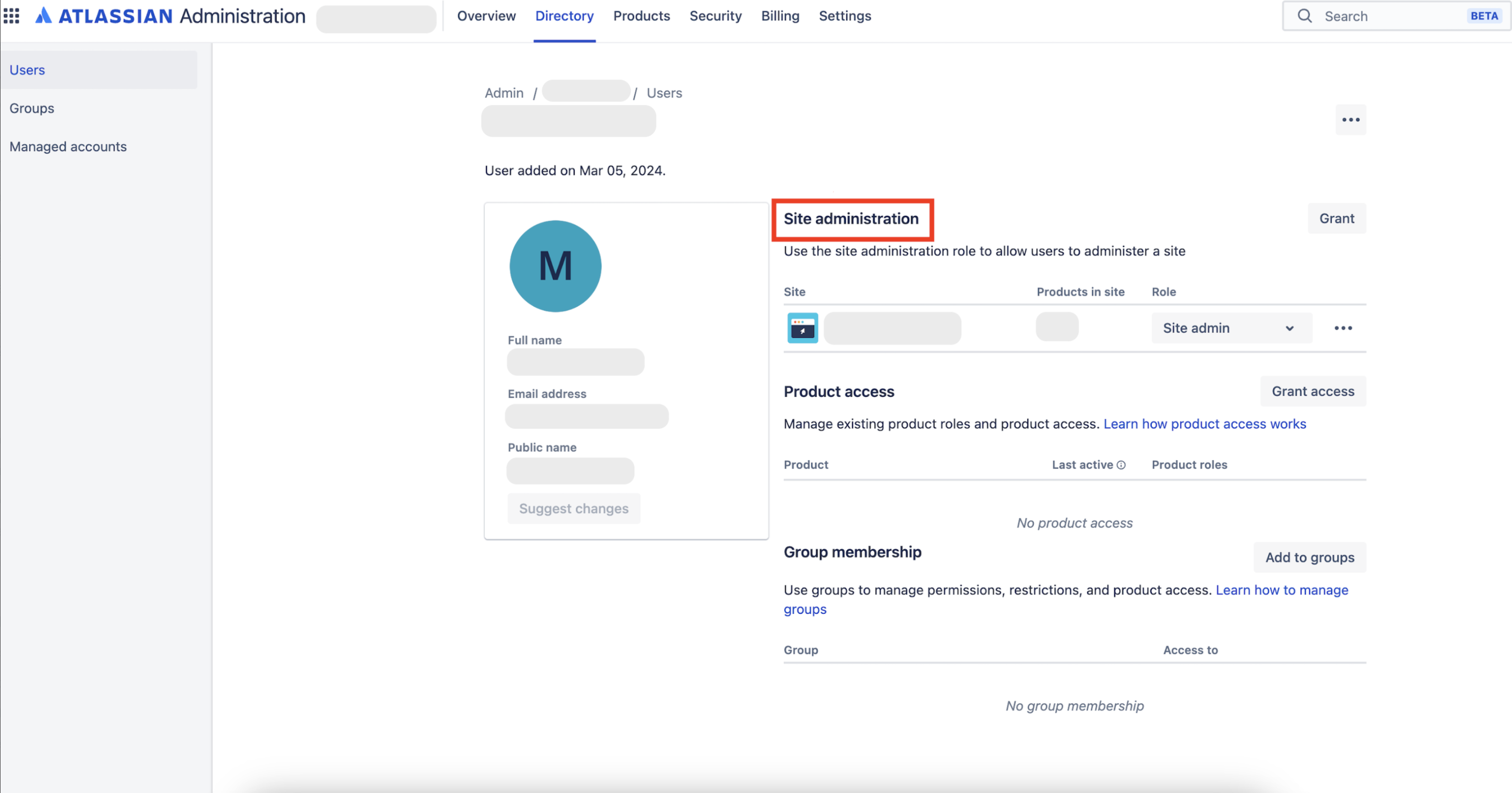 Screenshot of the centralized organization admin UI showing a user's account profile and the user has the Site administration role assigned to them