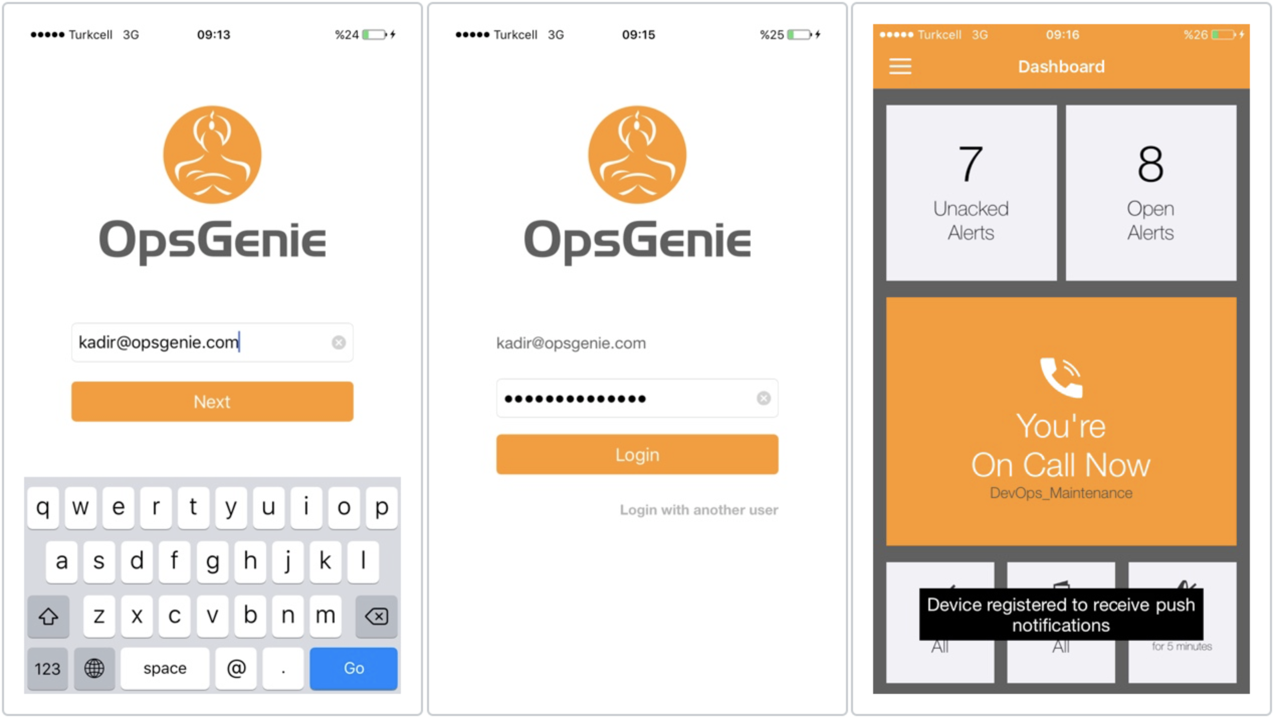 A series of screenshots showing the logins steps for Opsgenie's Blackberry app.