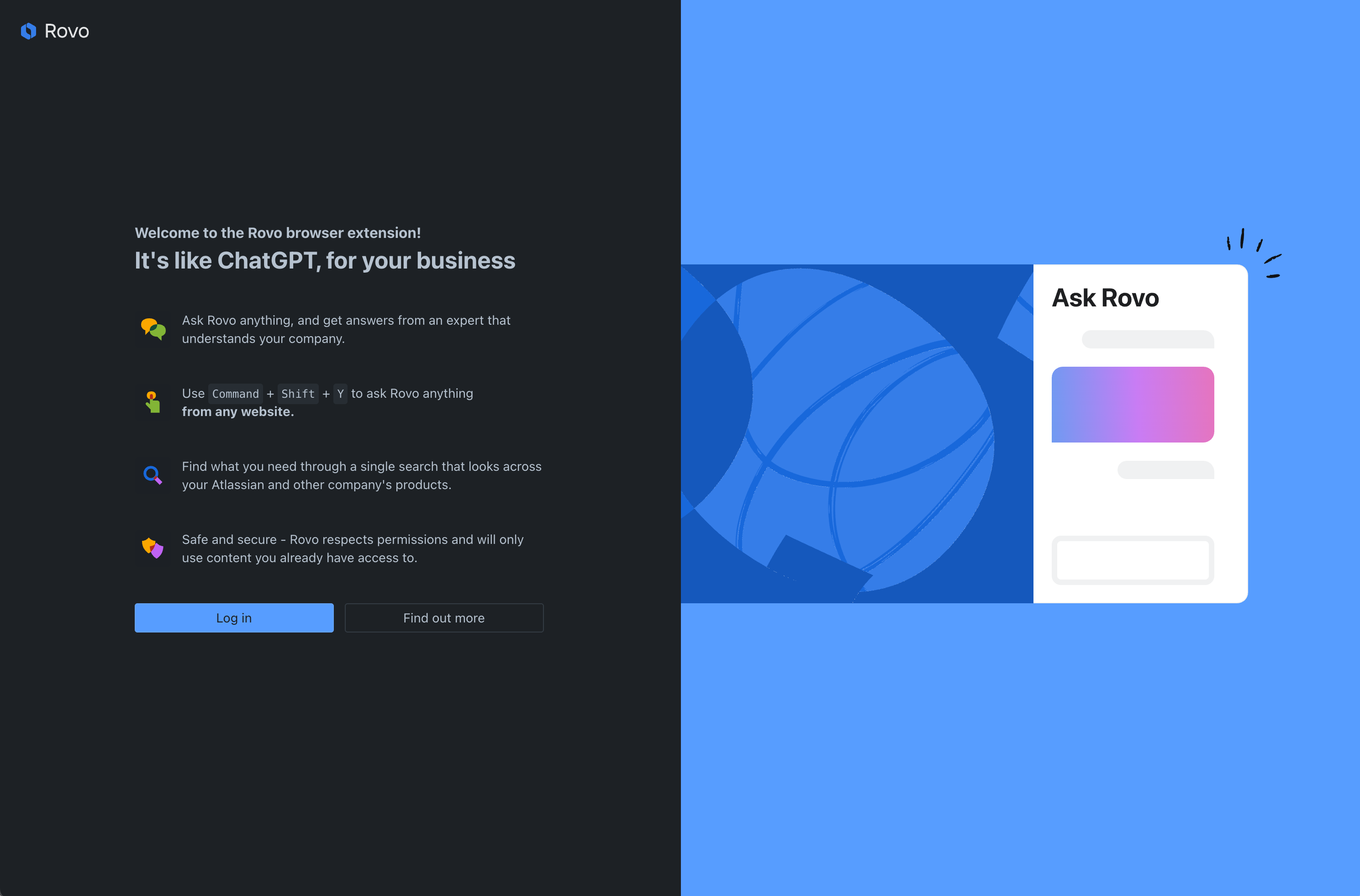 Screenshot of the Rovo Chrome extension splash screen