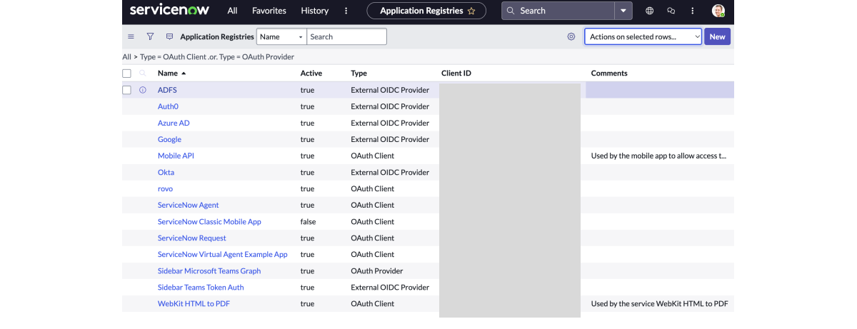 Screenshot of Application registry screen in Service Now