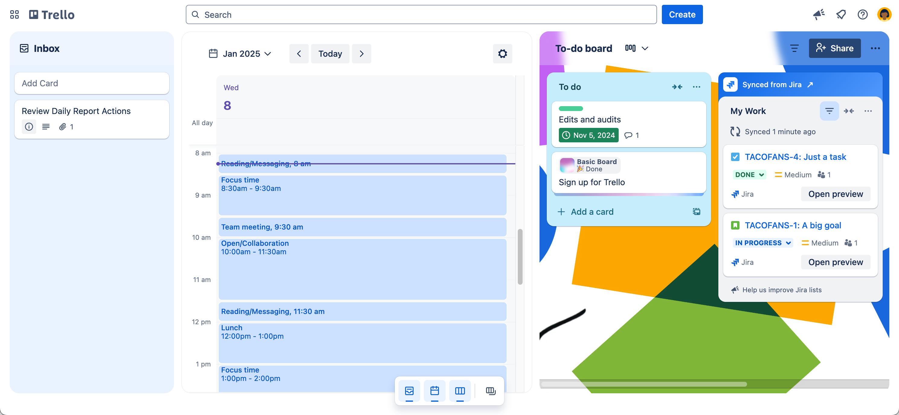 Split screen view of Trello inbox, planner, and a board side-by-side.