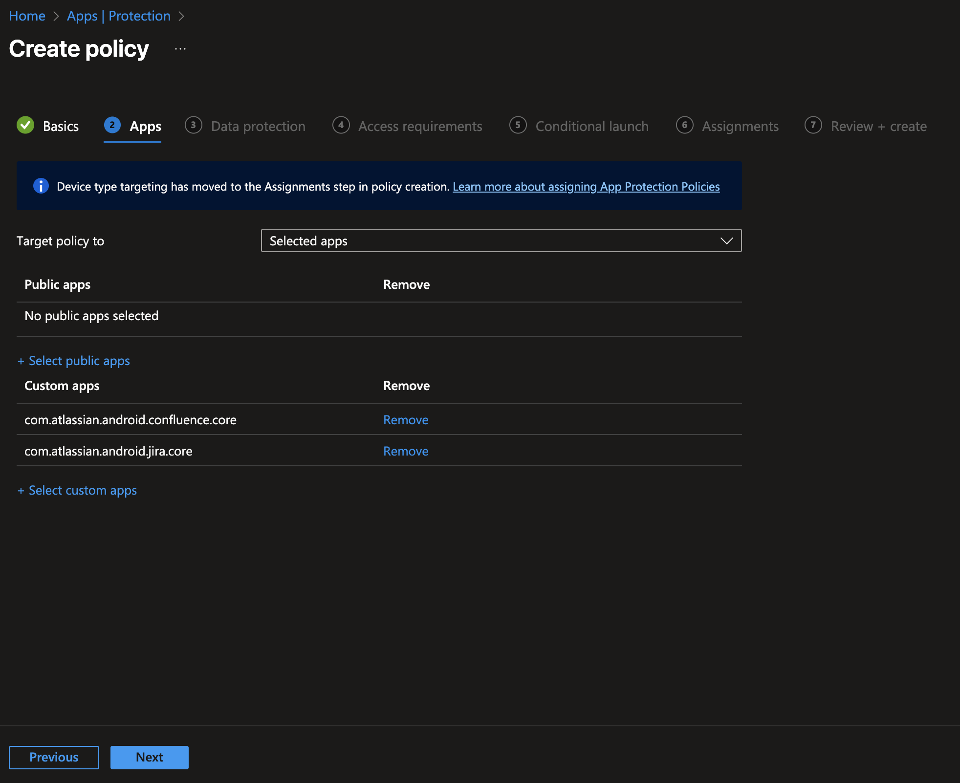 Intune policy creation, Apps step, with Confluence and Jira listed as custom apps.
