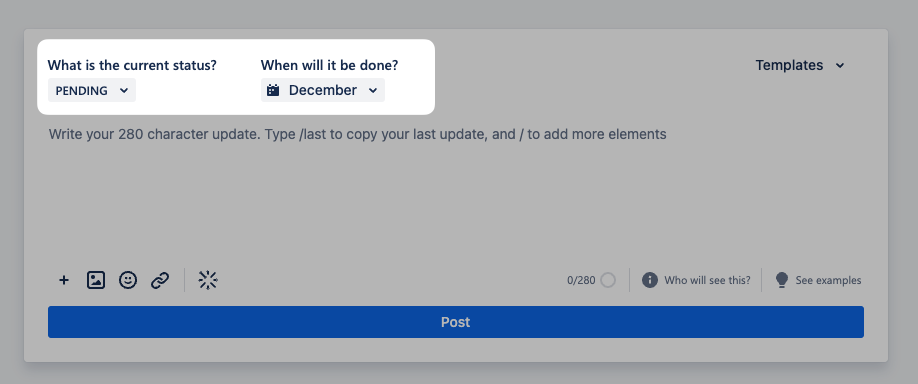 Update composer highlighting the status and target date section.