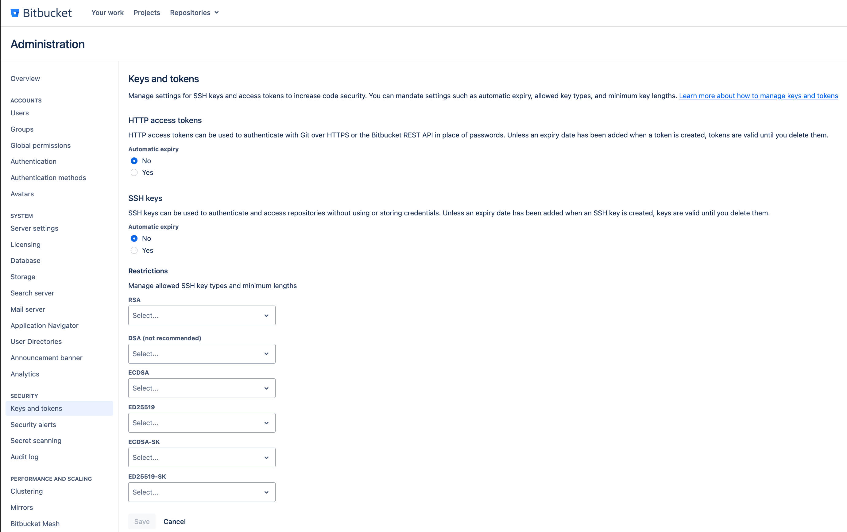image of Bitbucket Data Center Keys and Tokens screen