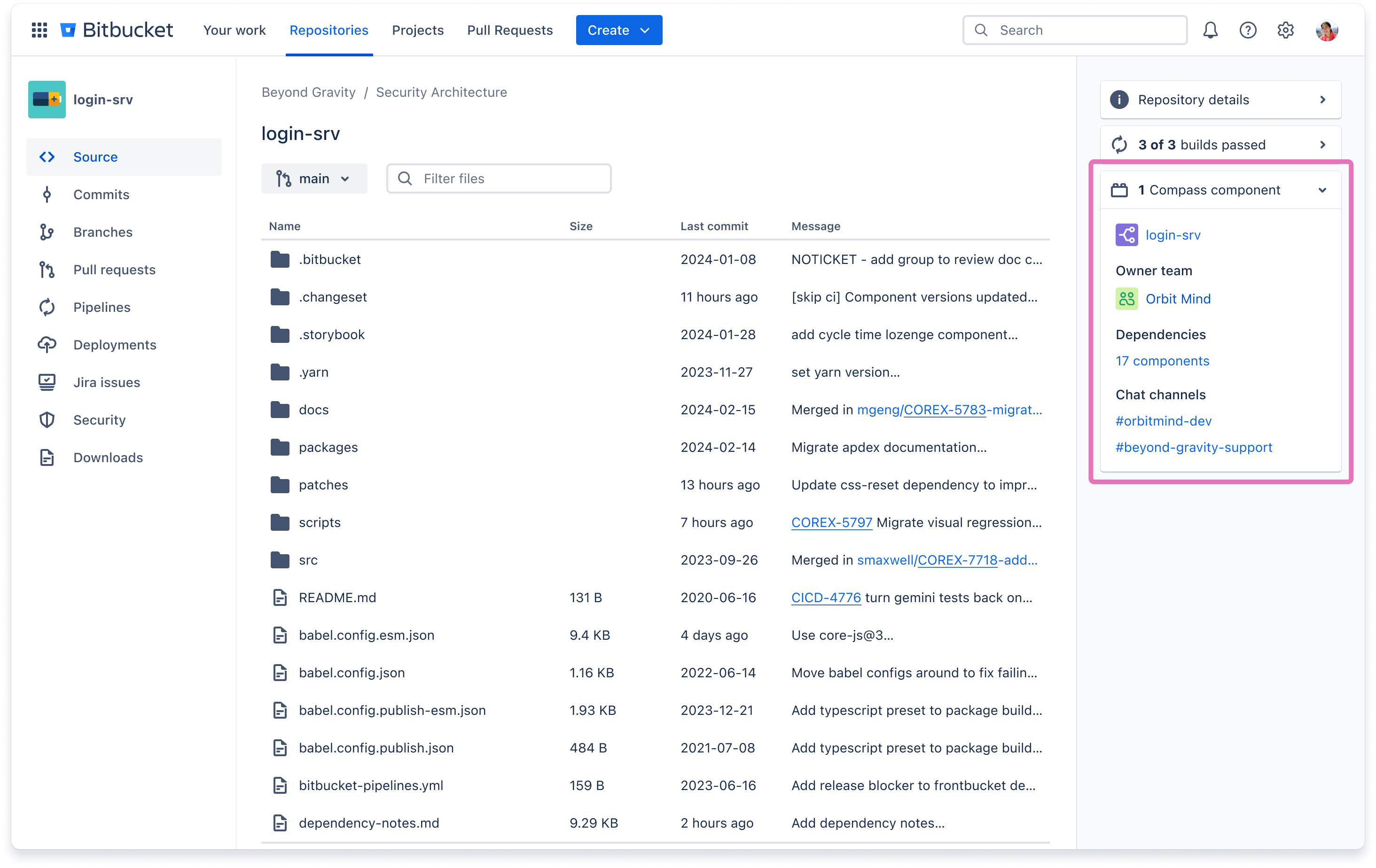 A Bitbucket repository with a card showing information about its equivalent Compass component.