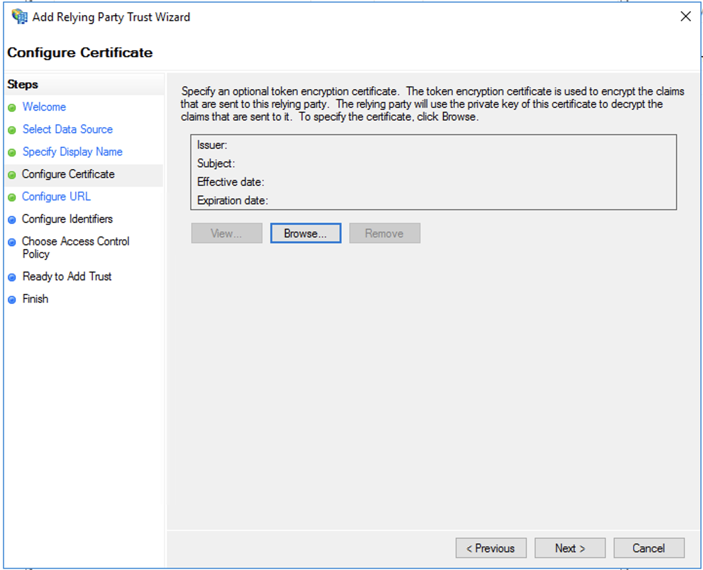 Add relying party trust wizard, configure certificate step