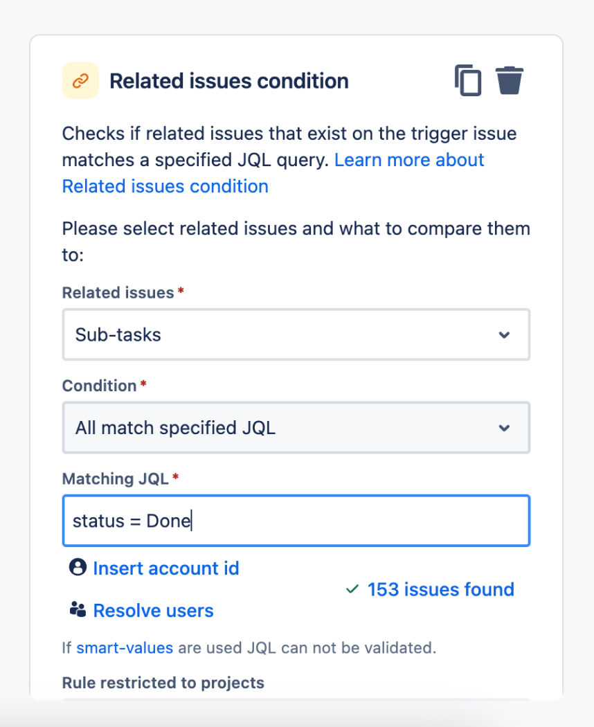 Related issues condition component in Jira automation