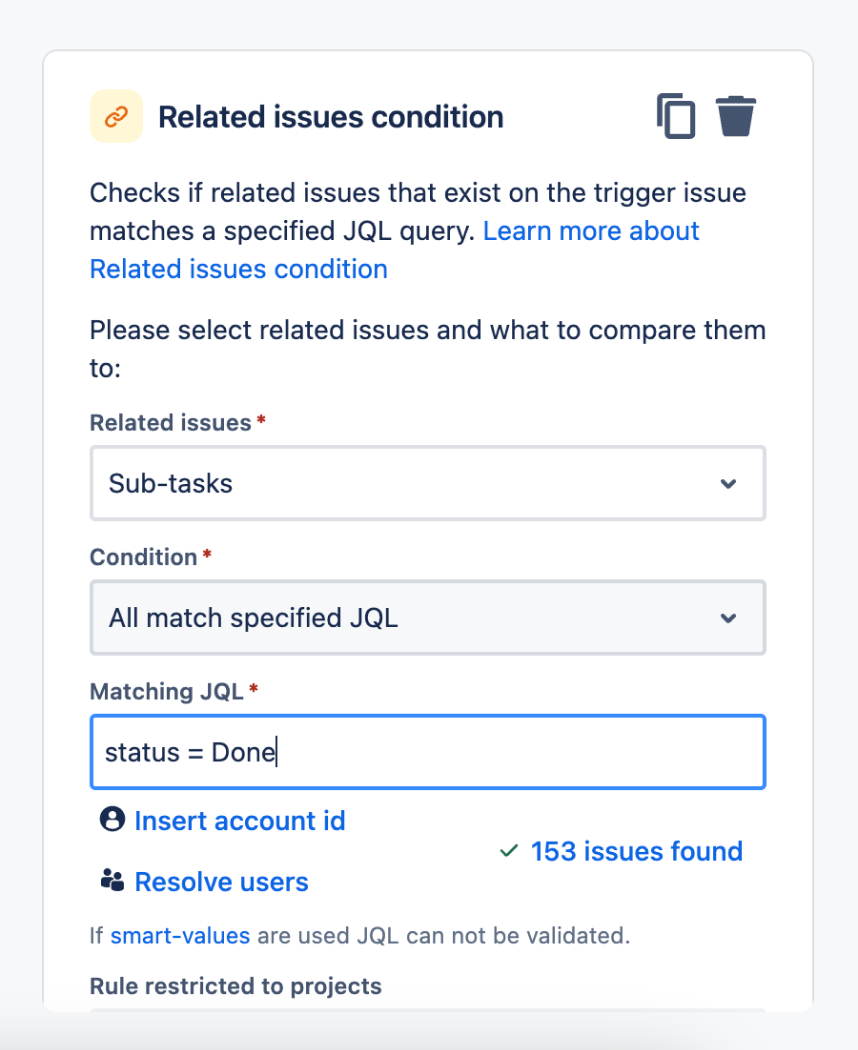 Jira 自動化の関連する課題条件コンポーネント