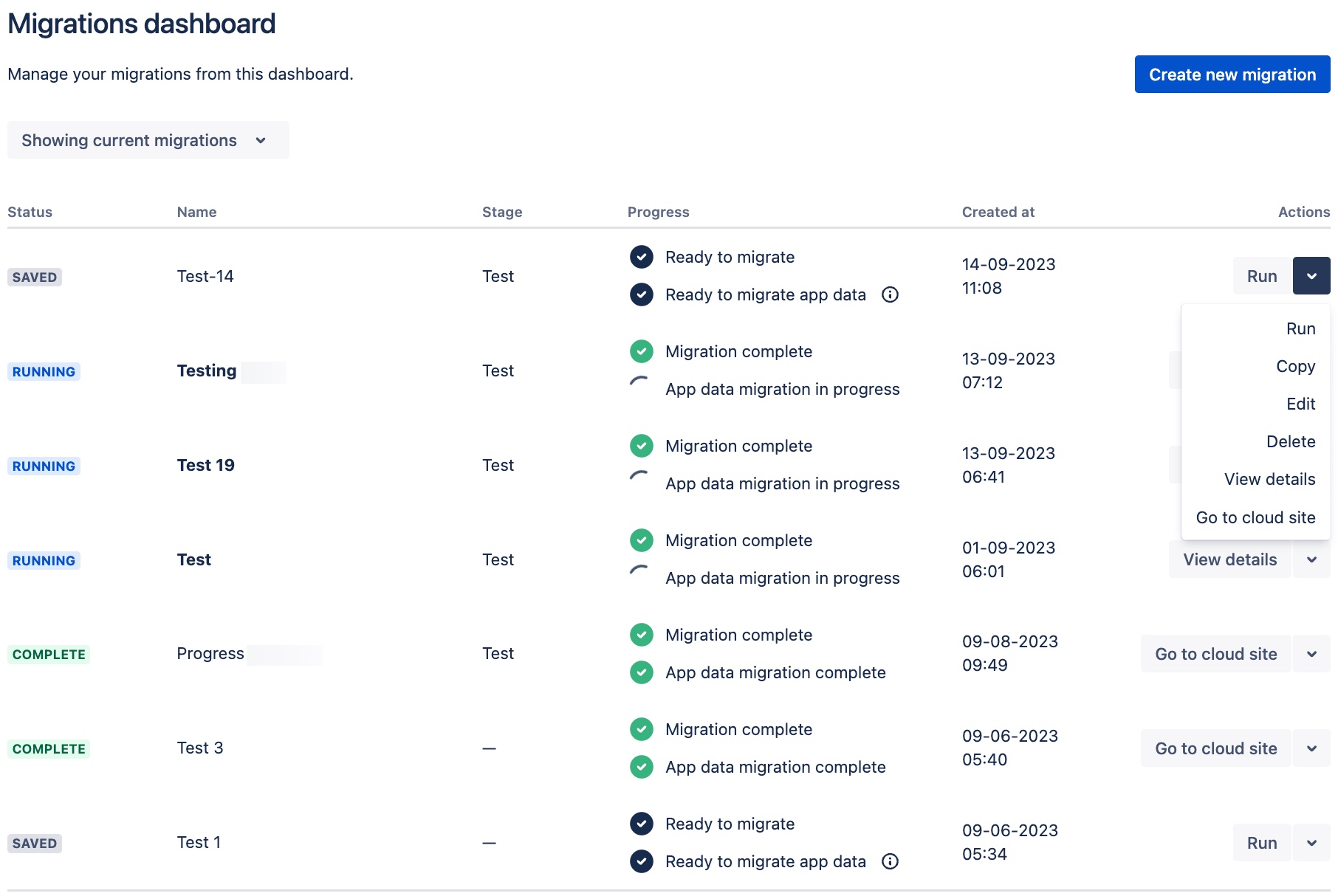 Migration dashboard