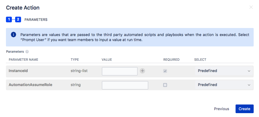 Create action parameters