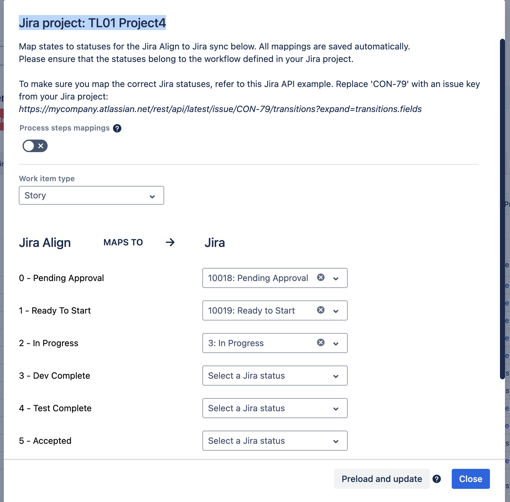 image of Jira project screen to map Jira Align state to Jira status