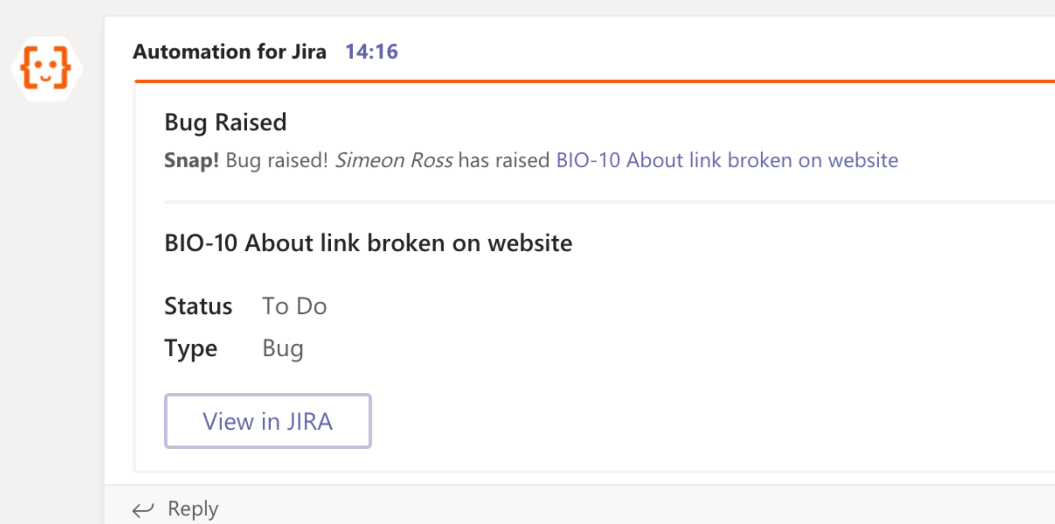 Sample teams messages as sent by Automation for jira