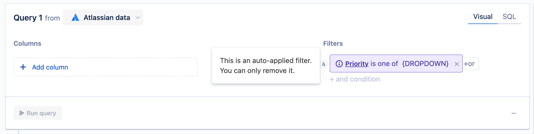 An automatically applied query filter for a "Dropdown" control in a visual mode query