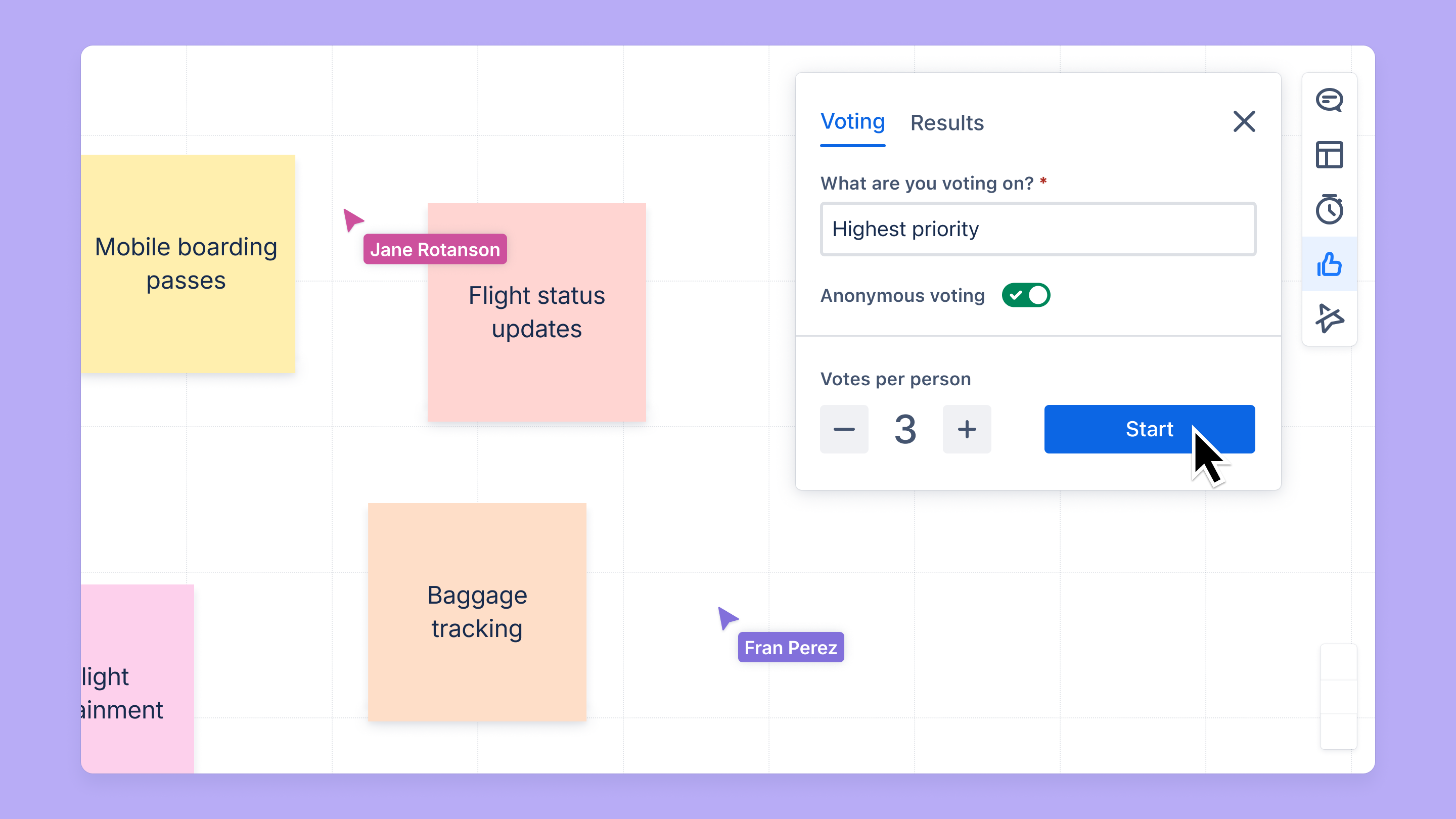 Starting a voting session in a whiteboard by clicking "Start" in the voting panel