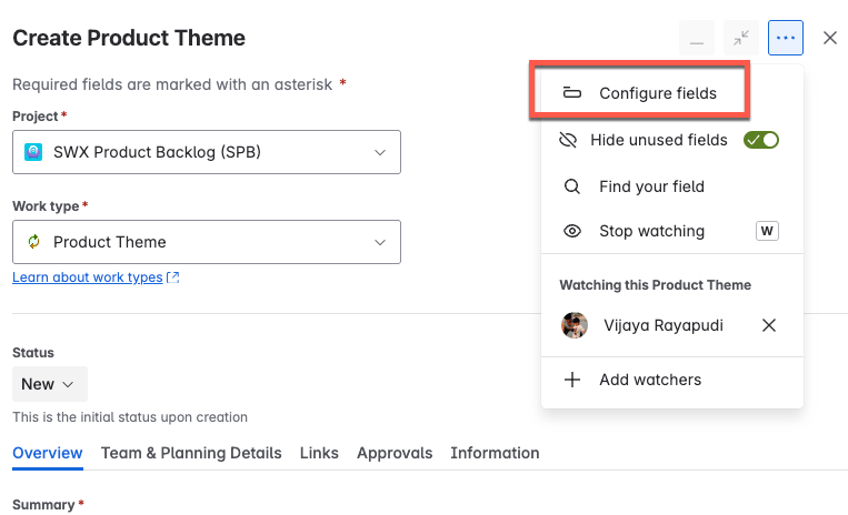 Create product screen with configure fields button highlighted in Jira Cloud