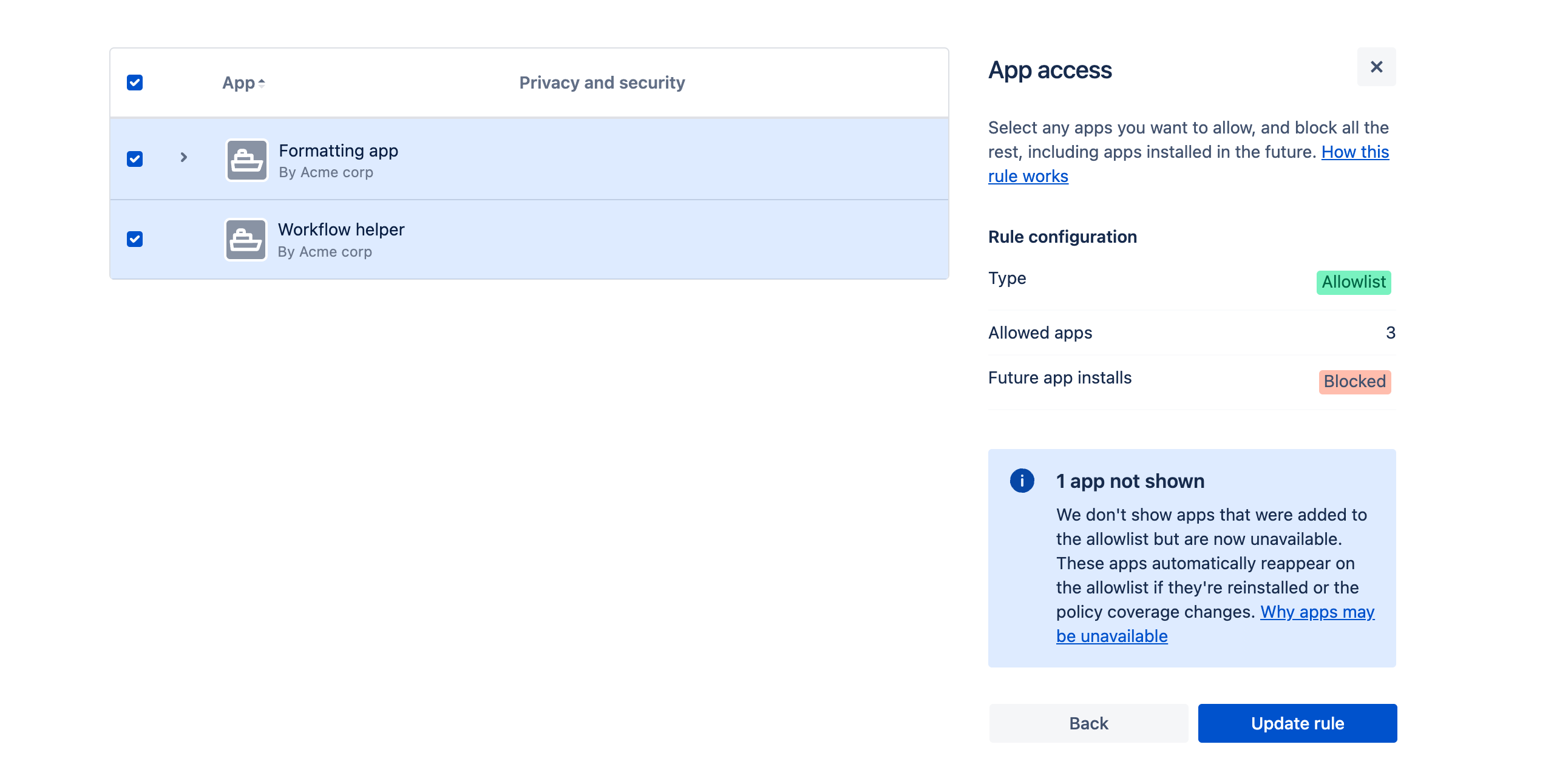 Data security policy showing 2 apps listed in a policy that blocks 3 apps.