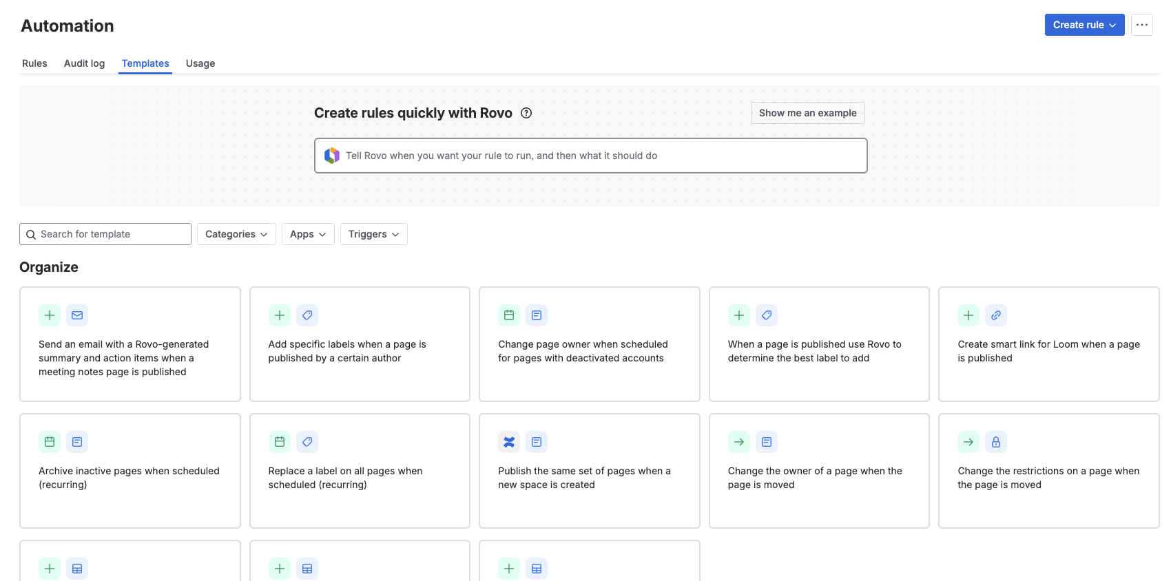 Screenshot of the different templates you can use to create an automation rule in Confluence