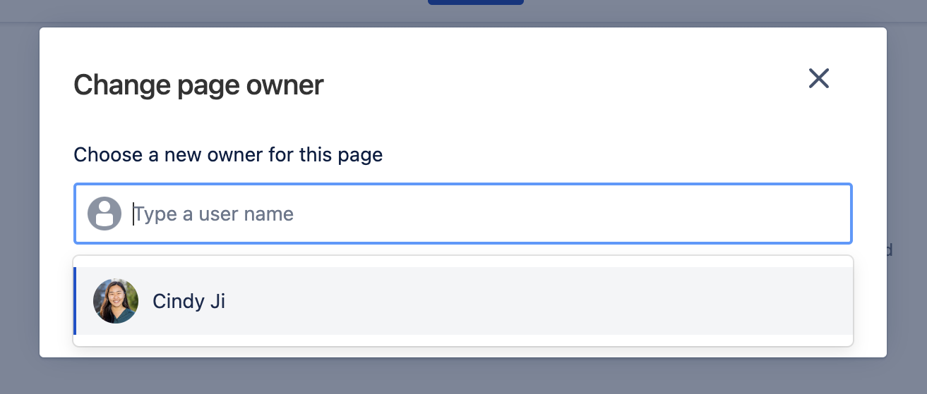 An image of the page ownership transfer modal where a new owner can be chosen