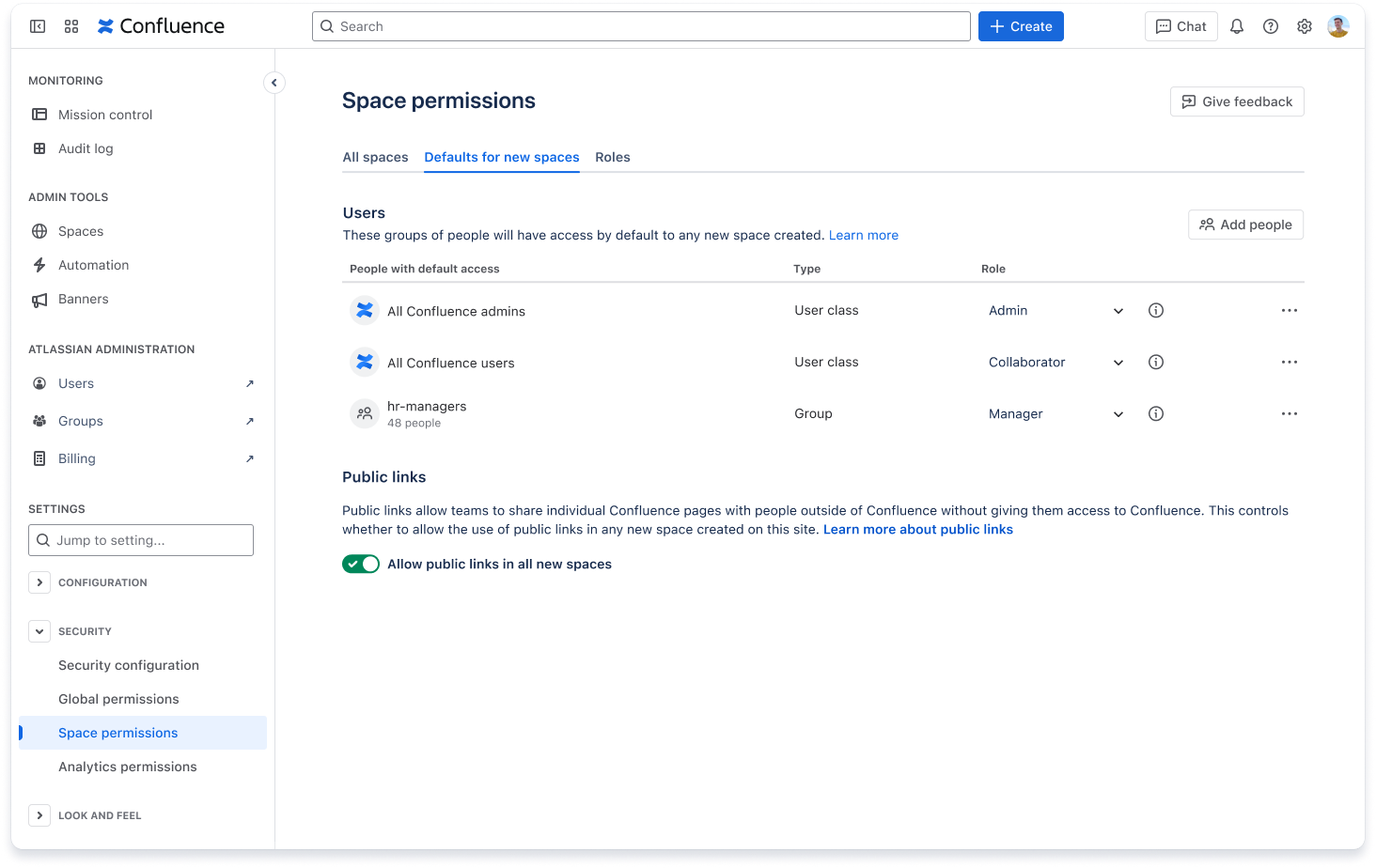 The users page in a Confluence admin's Space permissions screen.