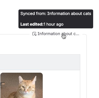 A cursor hovering over the title of a synced block to see the source's name and the time it was last edited.