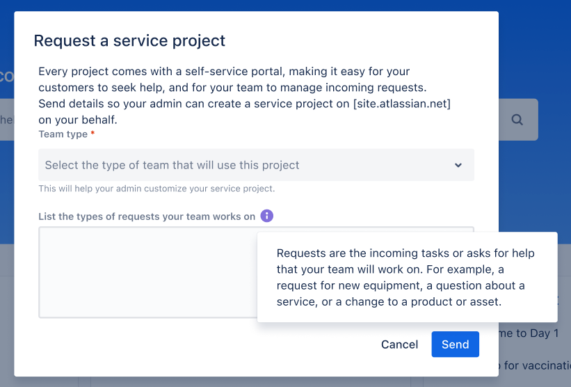 Details that the internal team member will be asked to provide when requesting a new service project