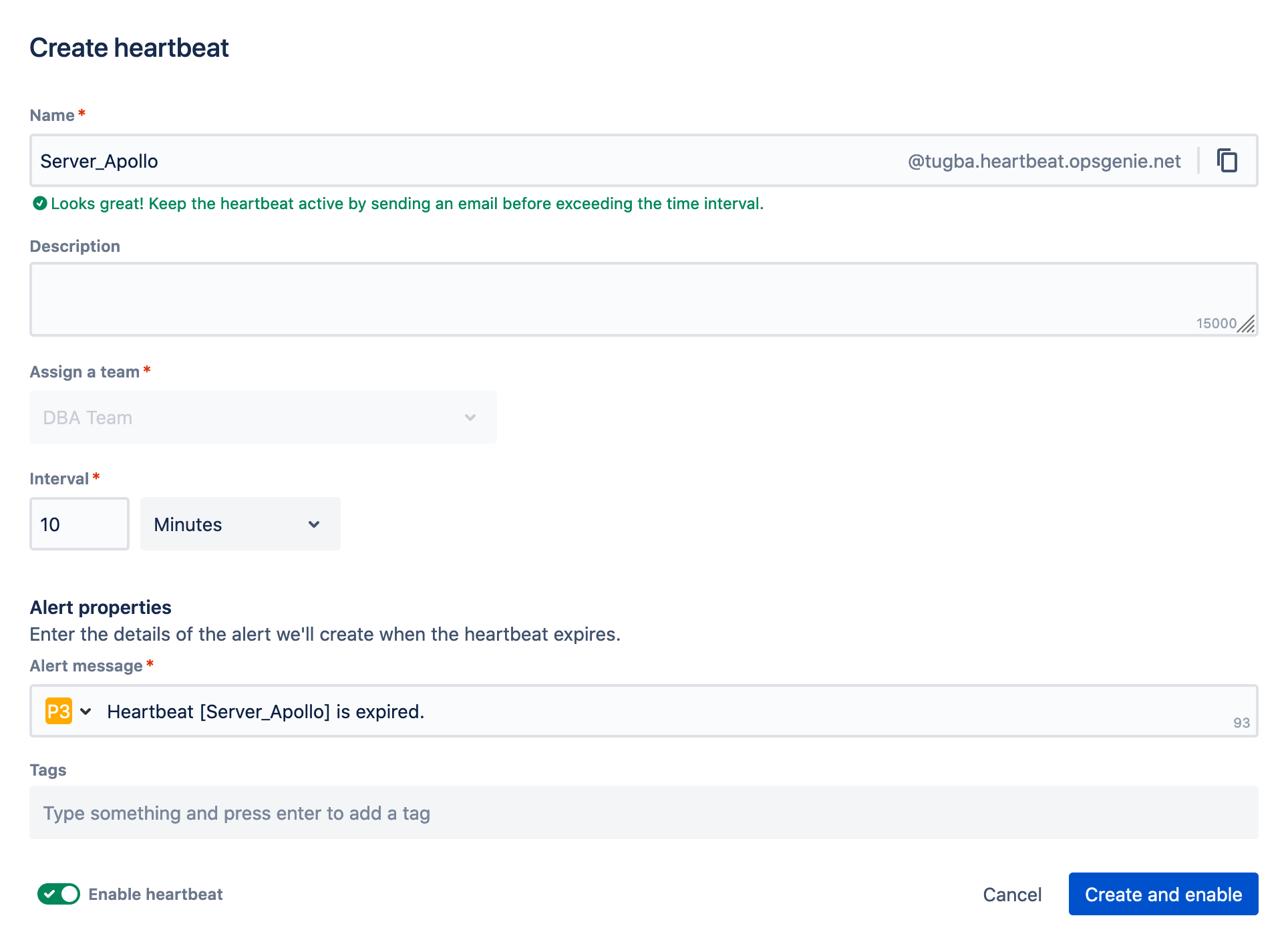 A view of the create heartbeat modal when filled with sample data.