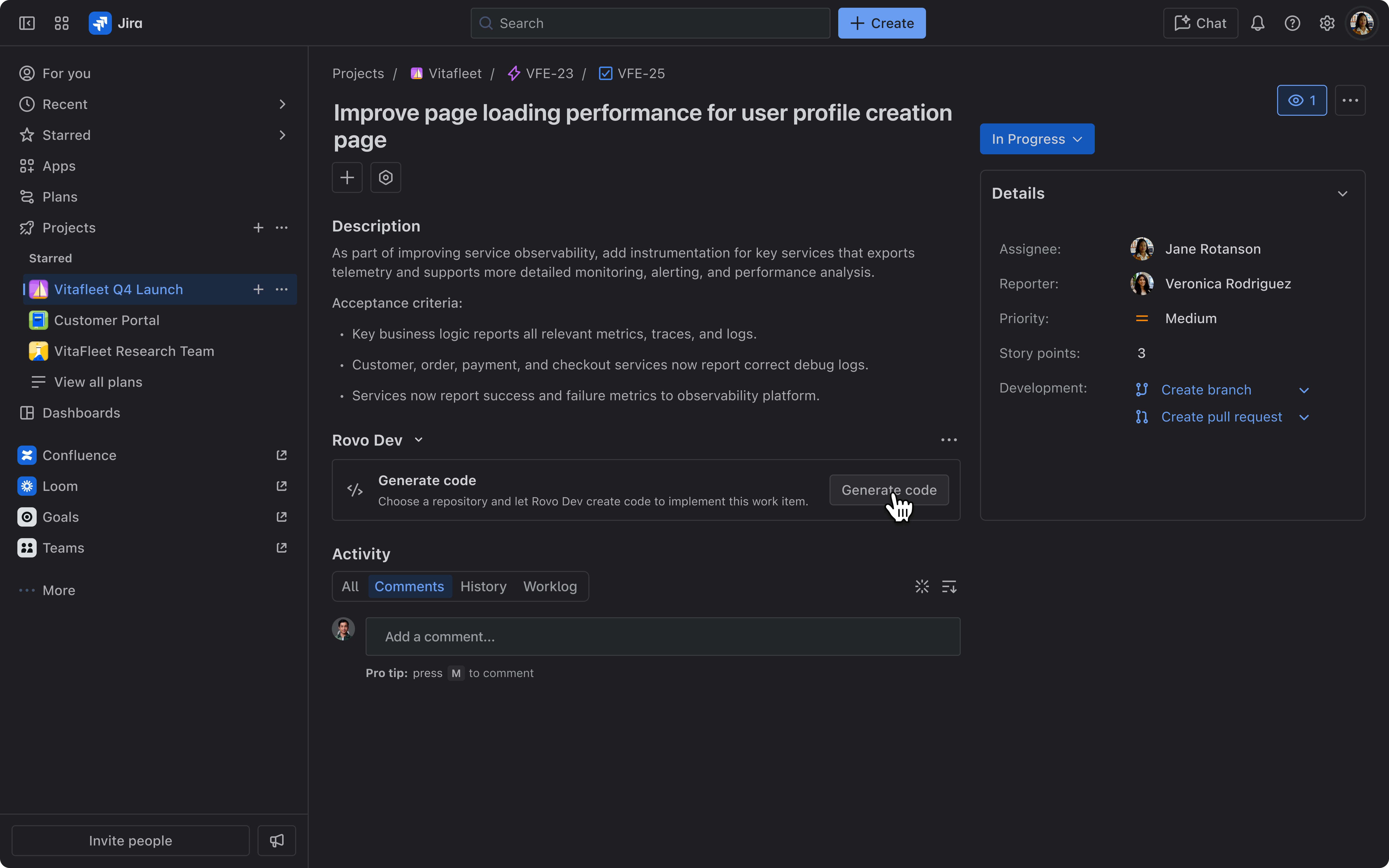 Rovo Dev generate code button on a Jira work item