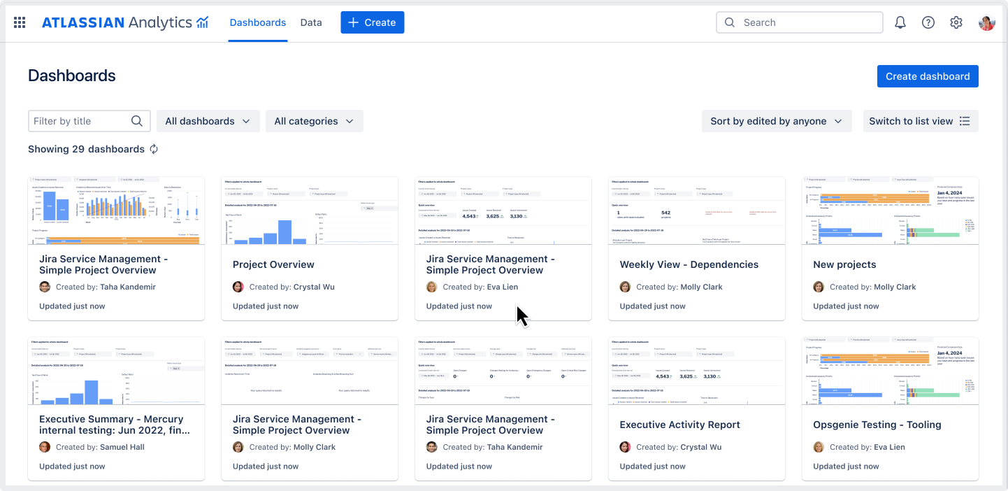 Dashboards home page with one dashboard in the card view