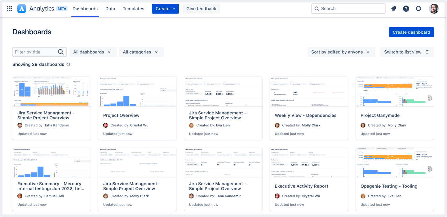 Dashboards home page with one dashboard in the card view