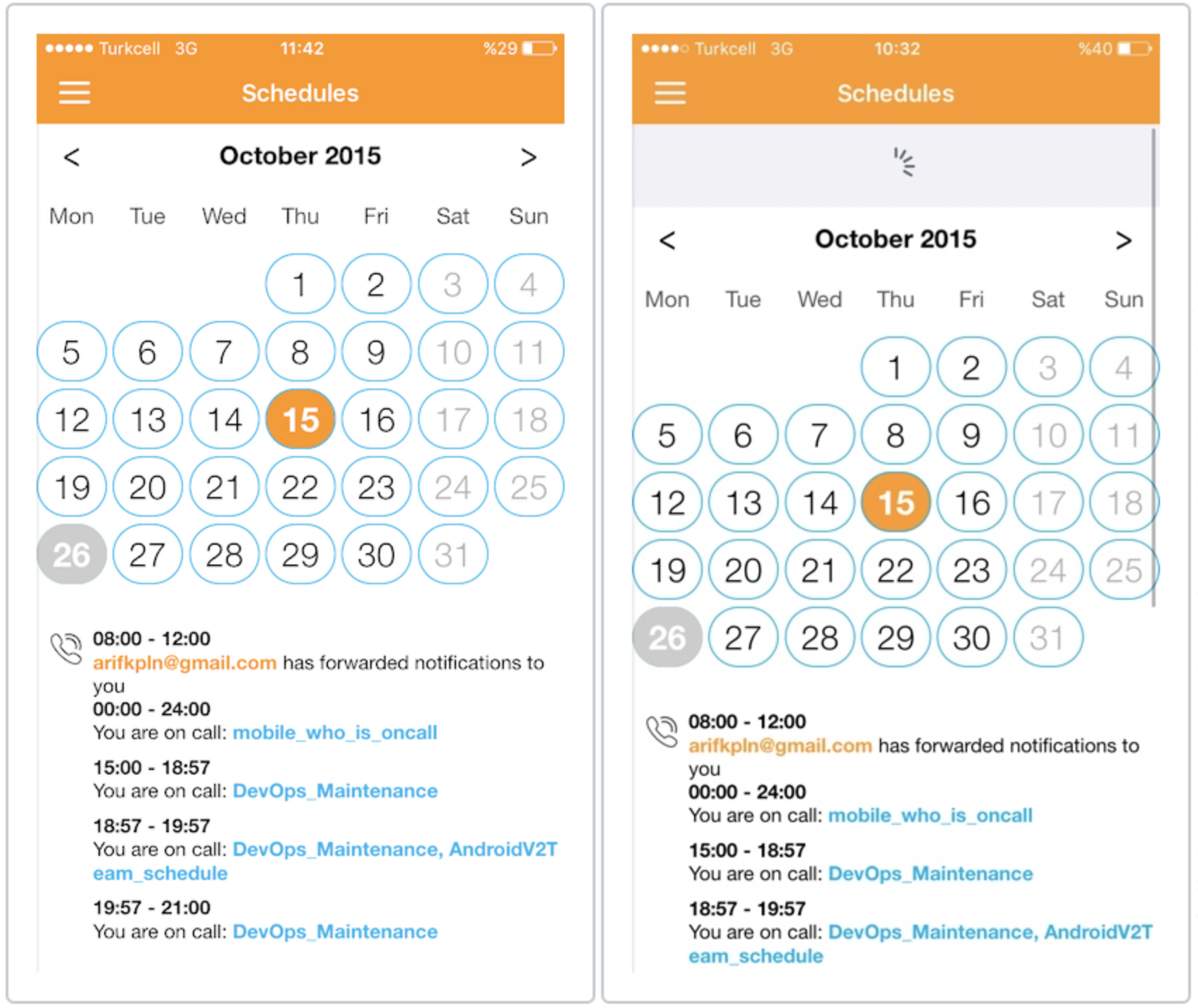 A screenshot of schedules in Opsgenie's Blackberry Dynamics app.