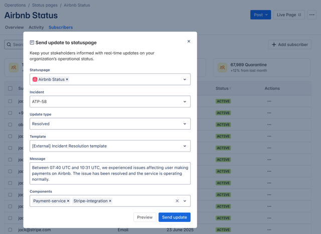 Settings to send update to status page
