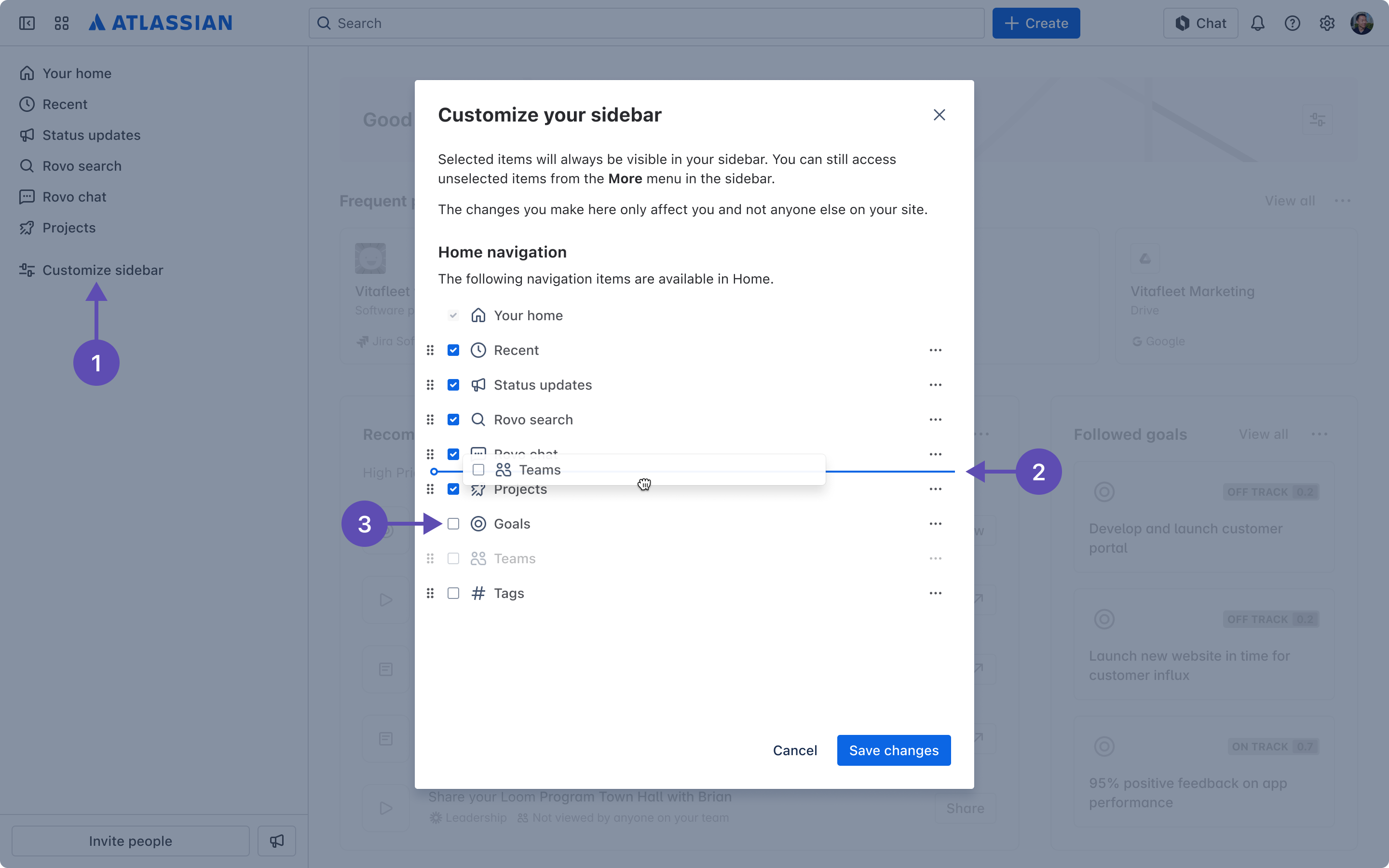 Annotated screen of customizing the sidebar in Atlassian Home