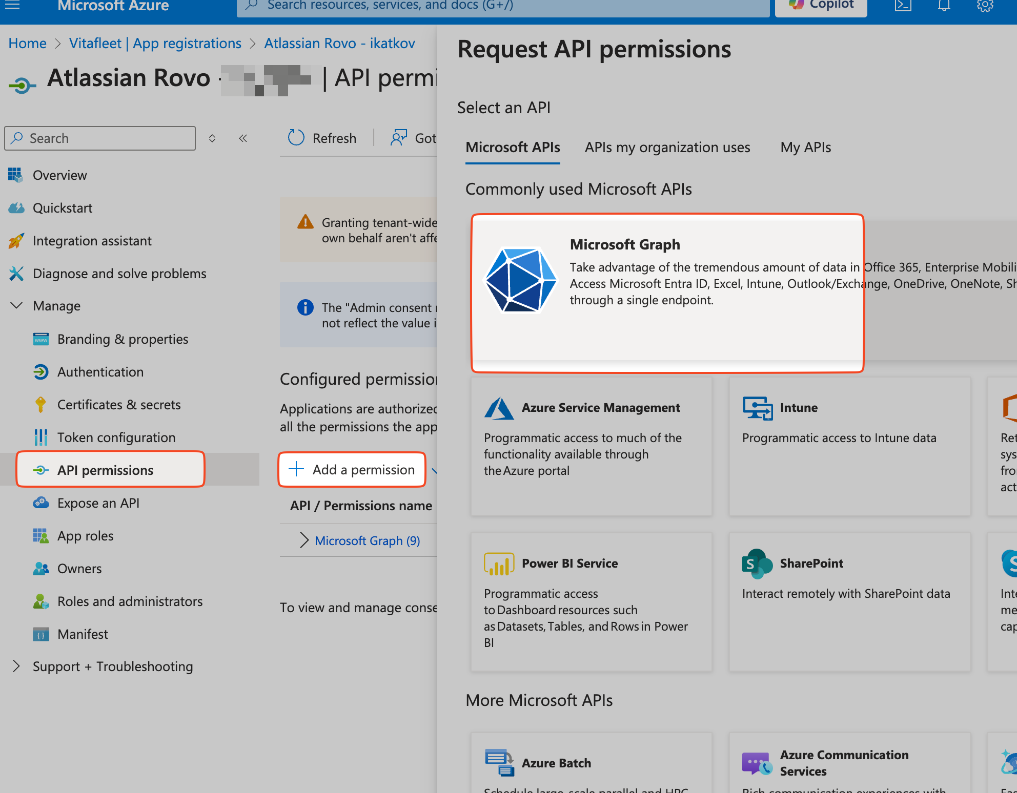 Screenshot of API permissions screen in Azure Admin with Microsoft Graph highlighted