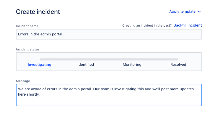 Screenshot of the modal where you create incidents