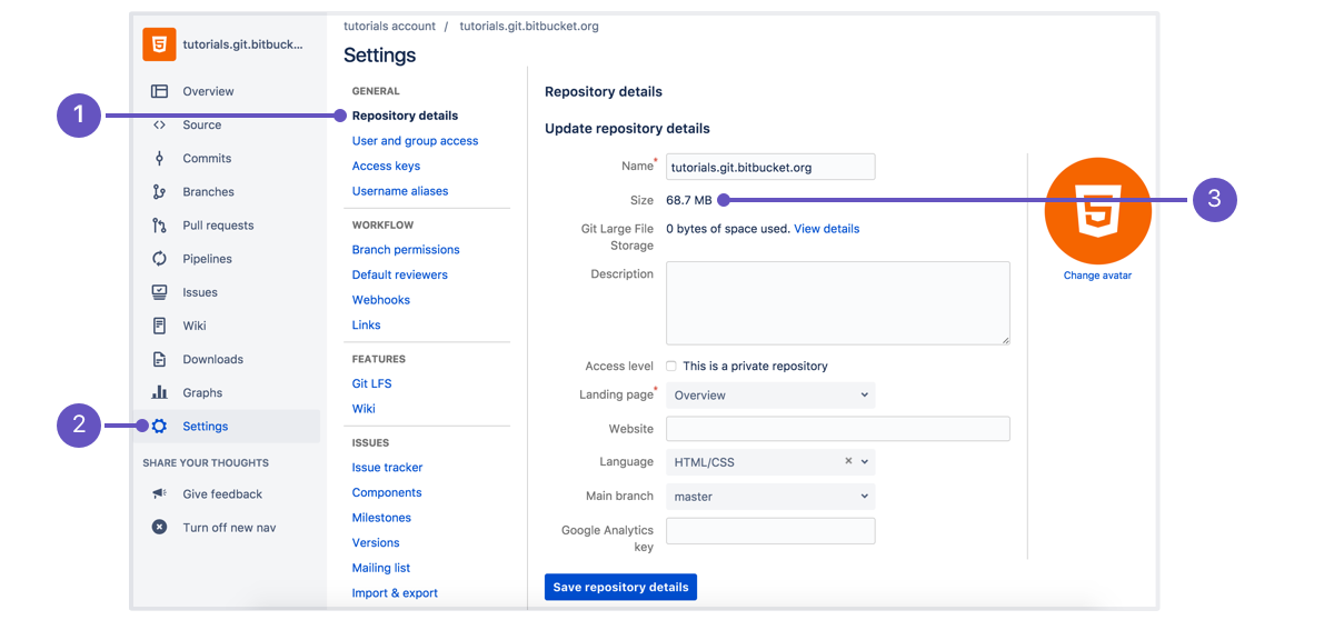 repository settings page with 3 callouts defined below the image