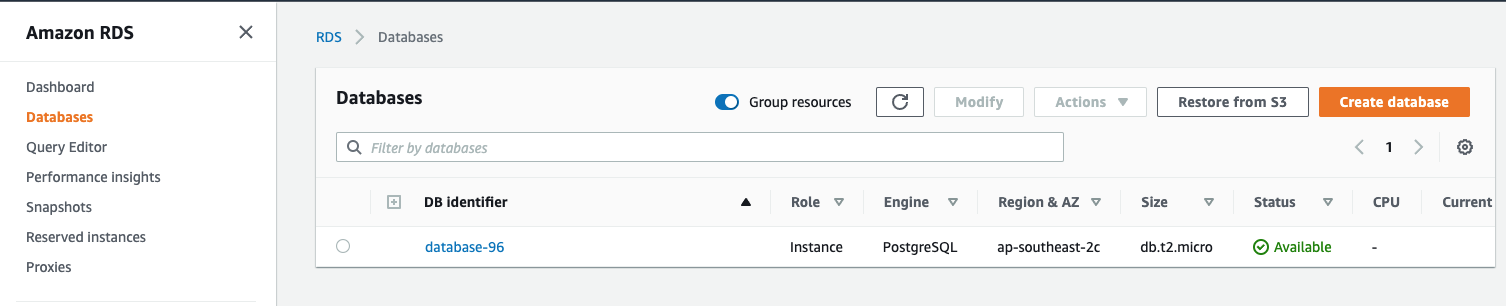 Amazon RDS > Databases. Screenshot shows a list of databases on the current tenant that can be selected.