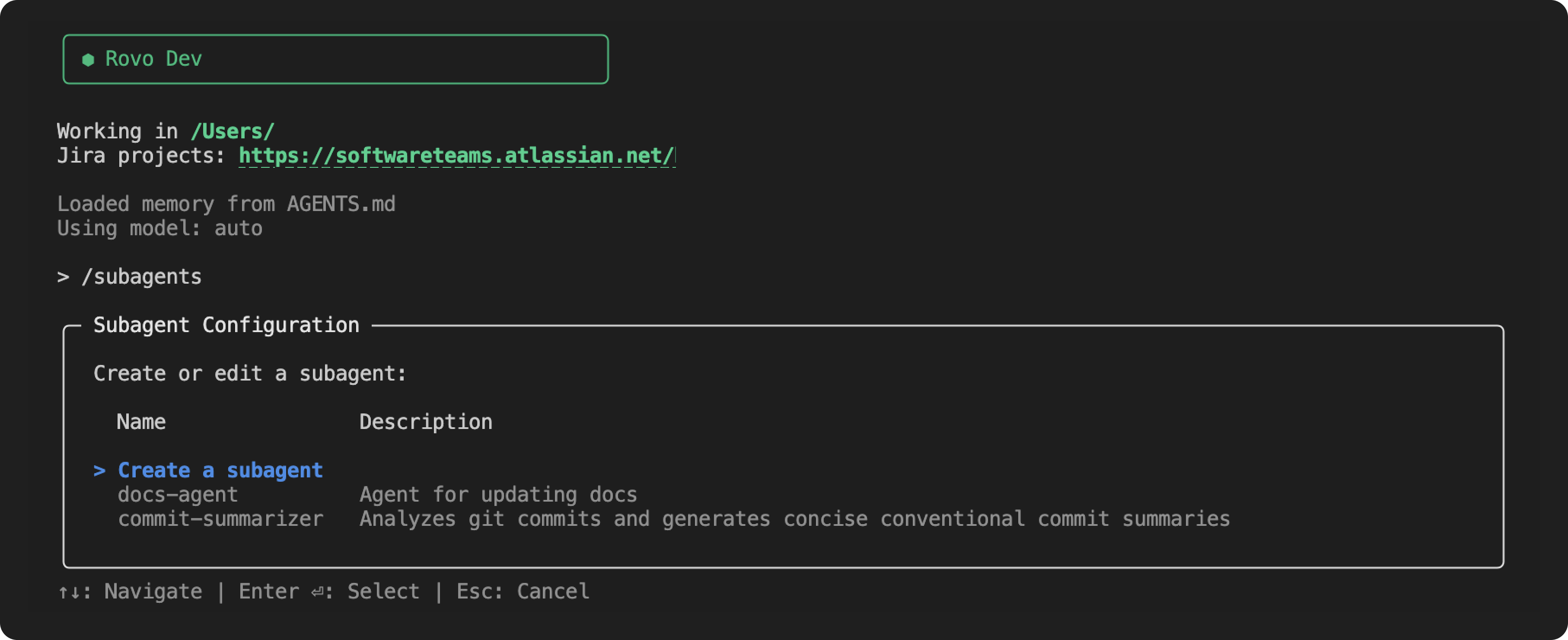 Rovo Dev has an interactive menu with all created subagents