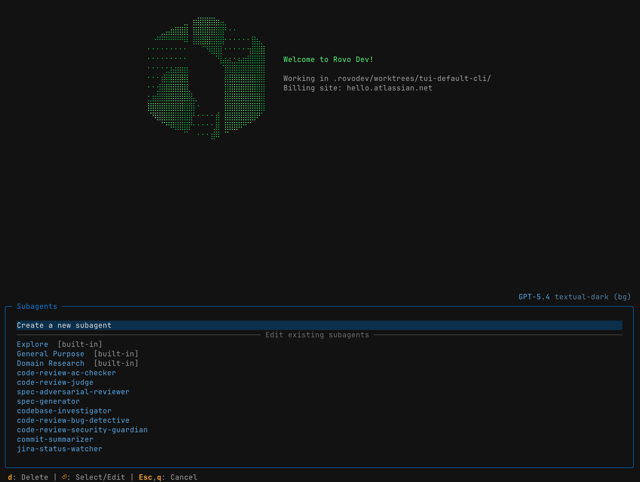 Rovo Dev has an interactive menu with all created subagents