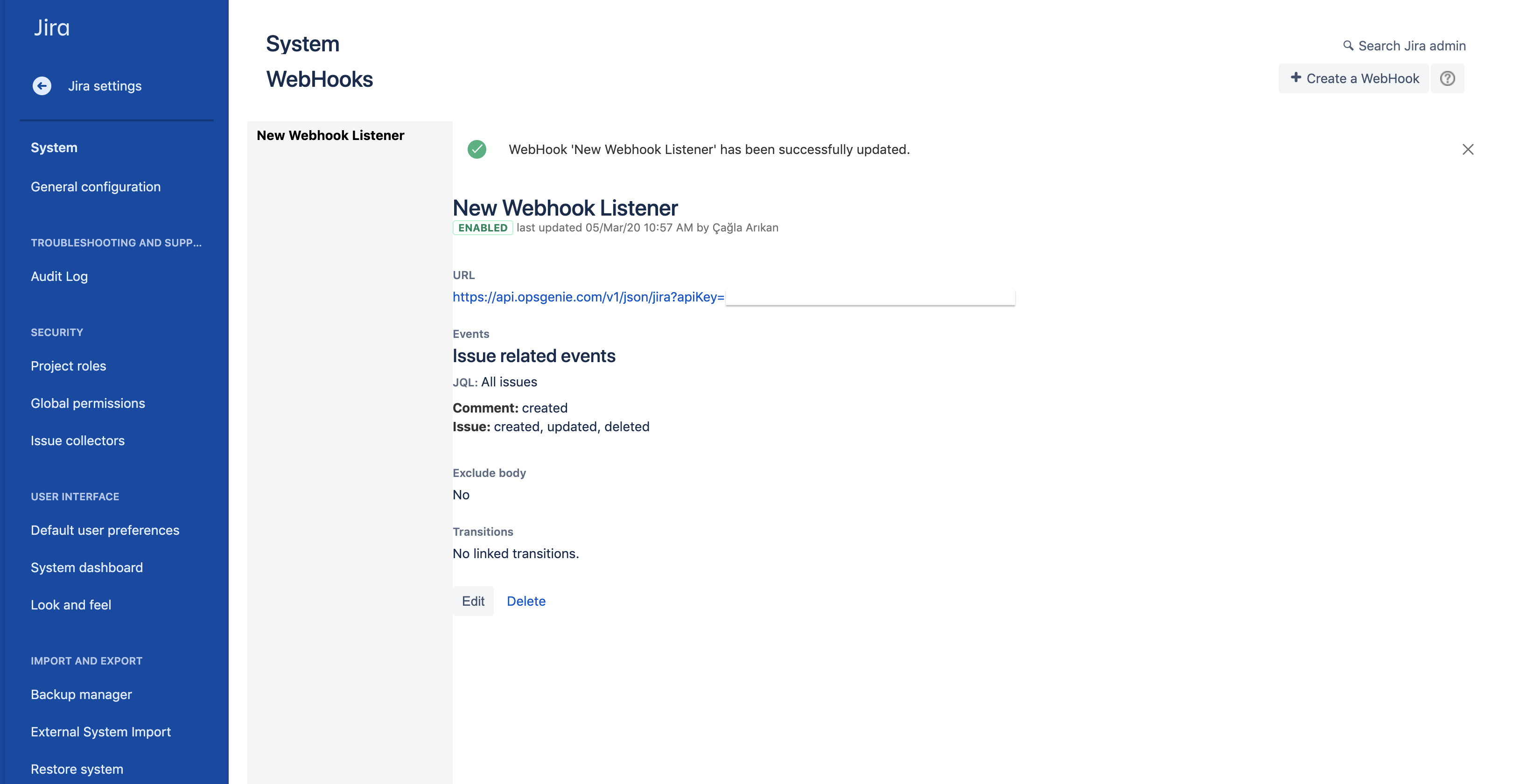 A screenshot showing accessing webhooks from JSM for Opsgenie integration.