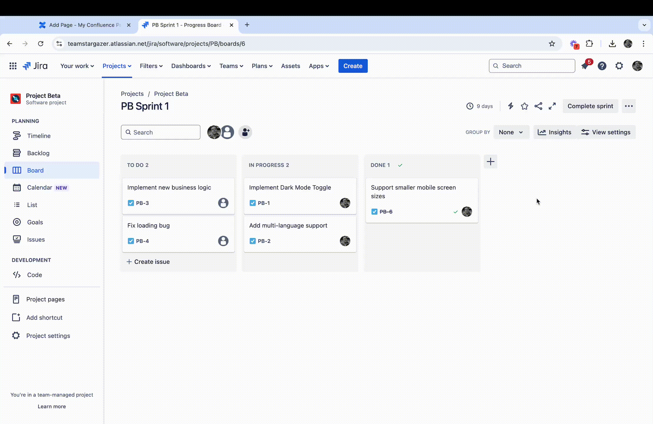 Confluence で Jira ボードを共有する方法を示すアニメーションです